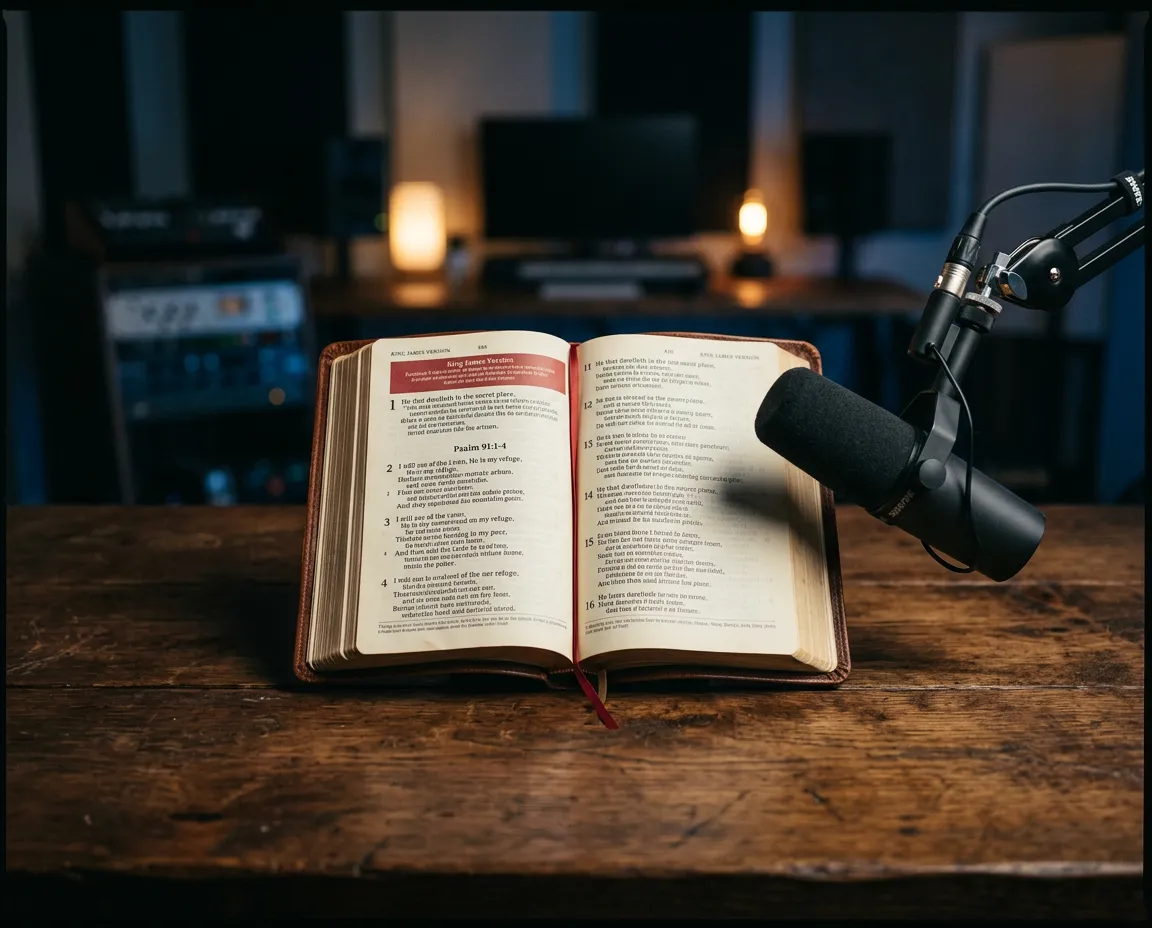 Open Bible with scripture pages illuminated beside a professional studio broadcast microphone