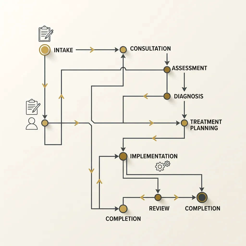 Client Flow Repair Map schematic diagram showing intake, diagnosis, and fix stages