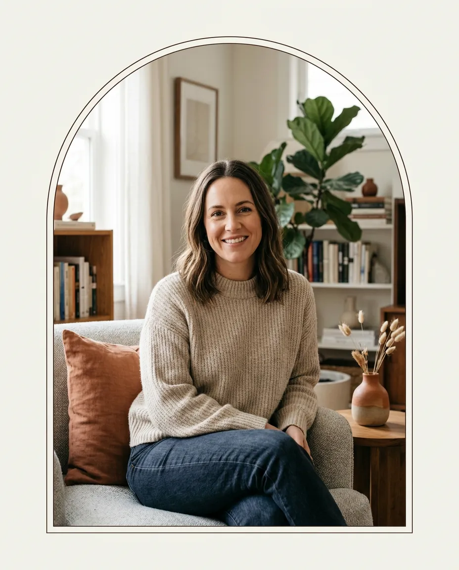 Charlie portrait inside an arched frame in her beautifully curated home
