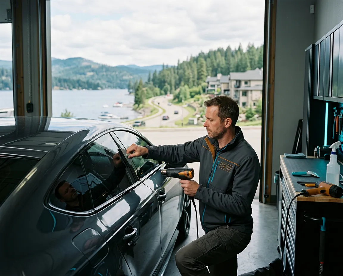 Brandon Mills installing high-precision ceramic window film at DarkStar Tinting Post Falls bay alongside scenic Lake Coeur d'Alene drive