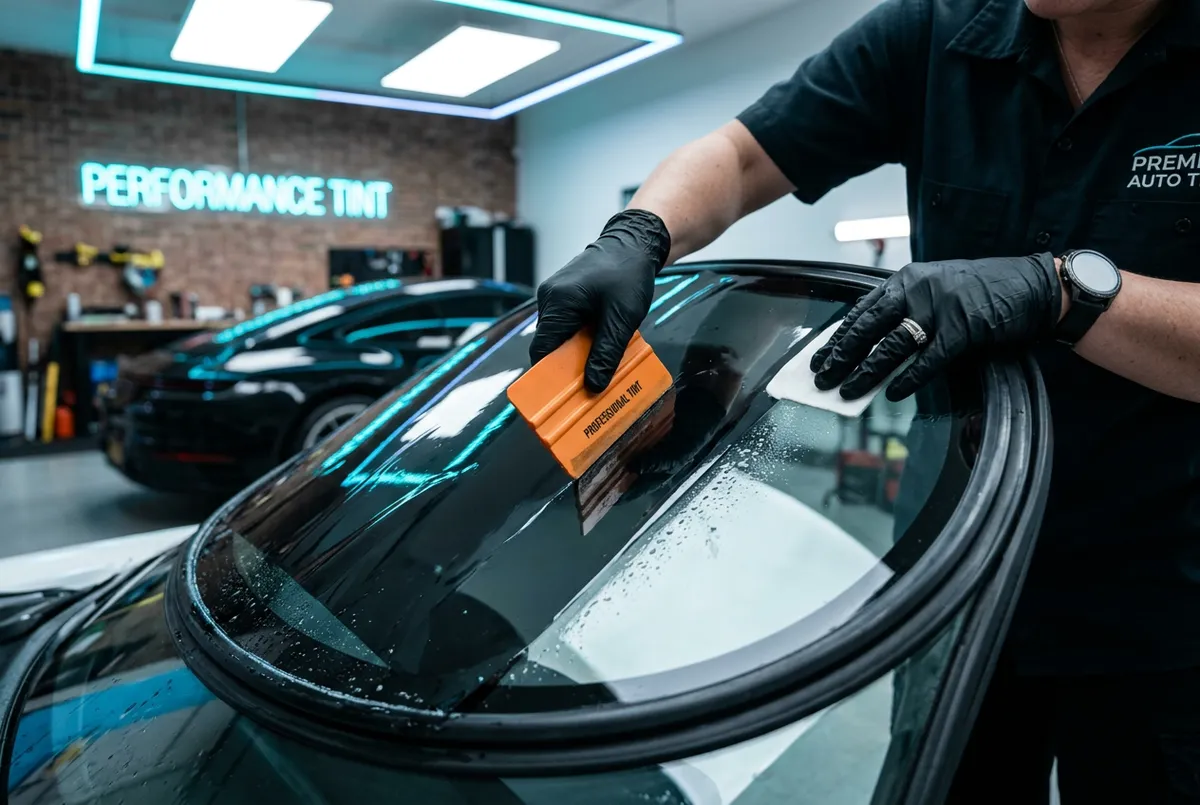 Owner meticulously heat shrinking ceramic tint on curved rear windshield
