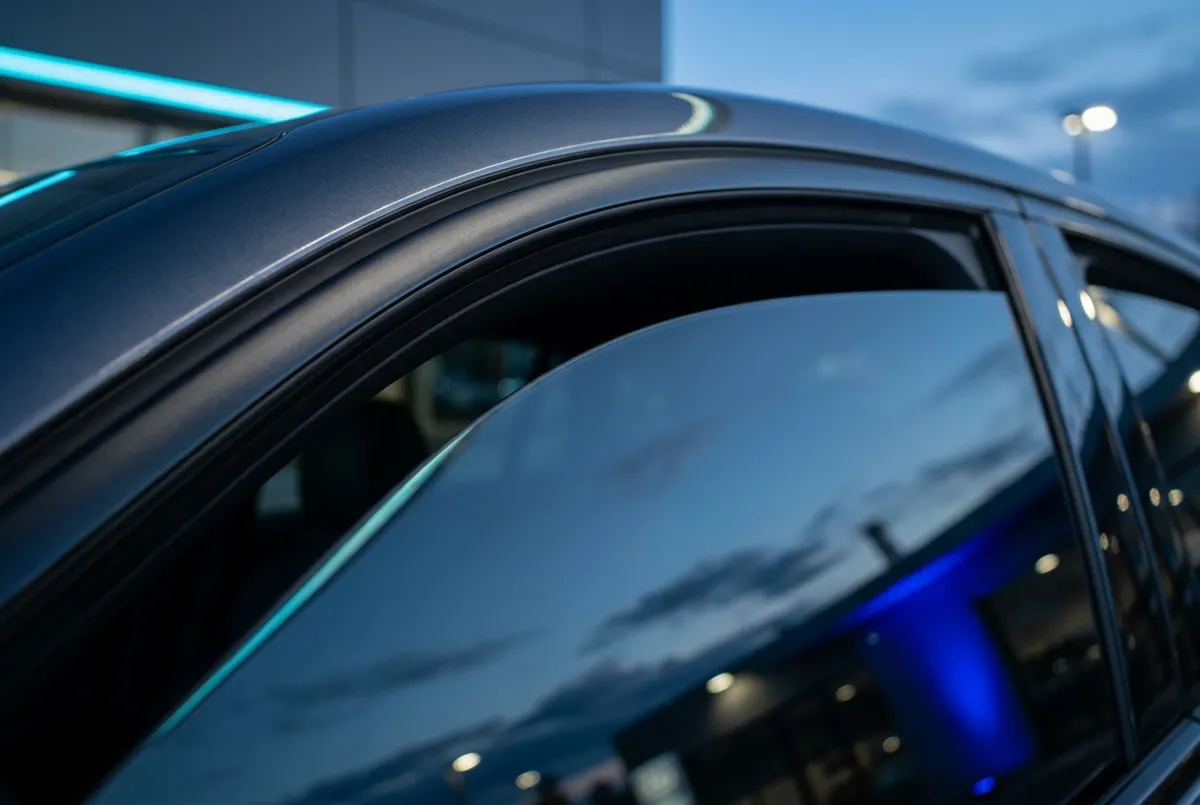 Macro view of flawless seamless window tint edge on luxury vehicle