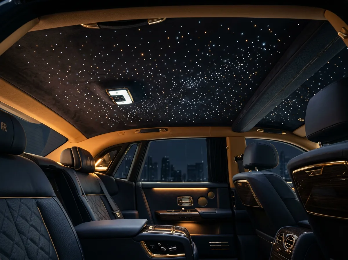 Custom starlight fiber optic headliner installation in luxury vehicle cabin