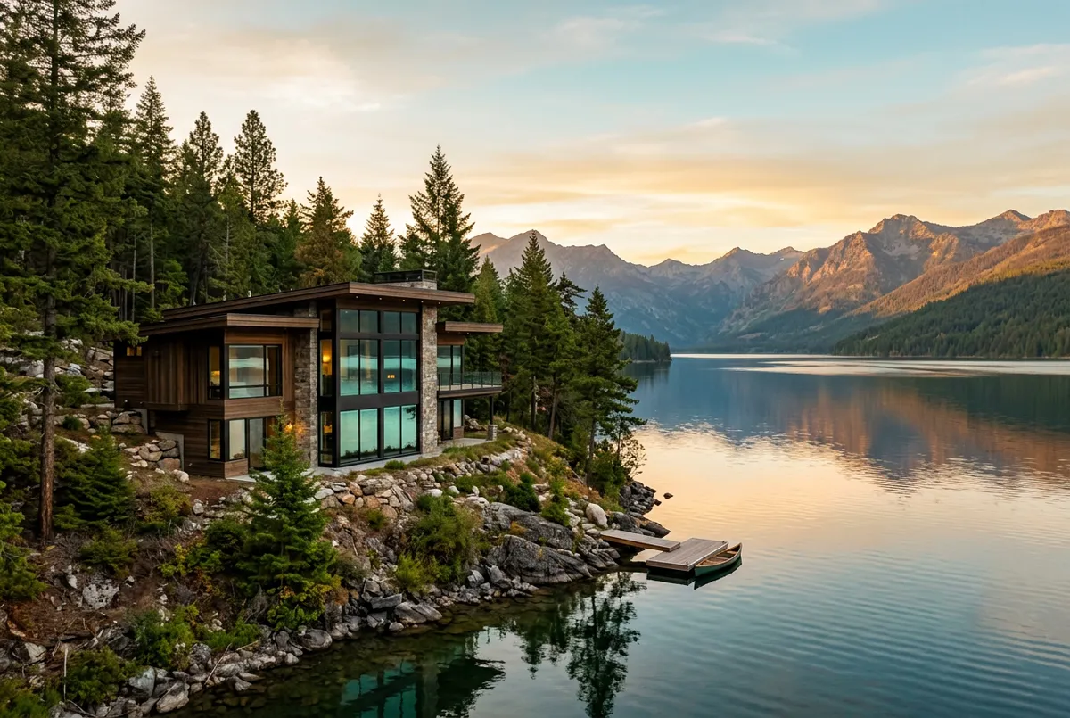 Lakefront residential window tinting with mountain vista view
