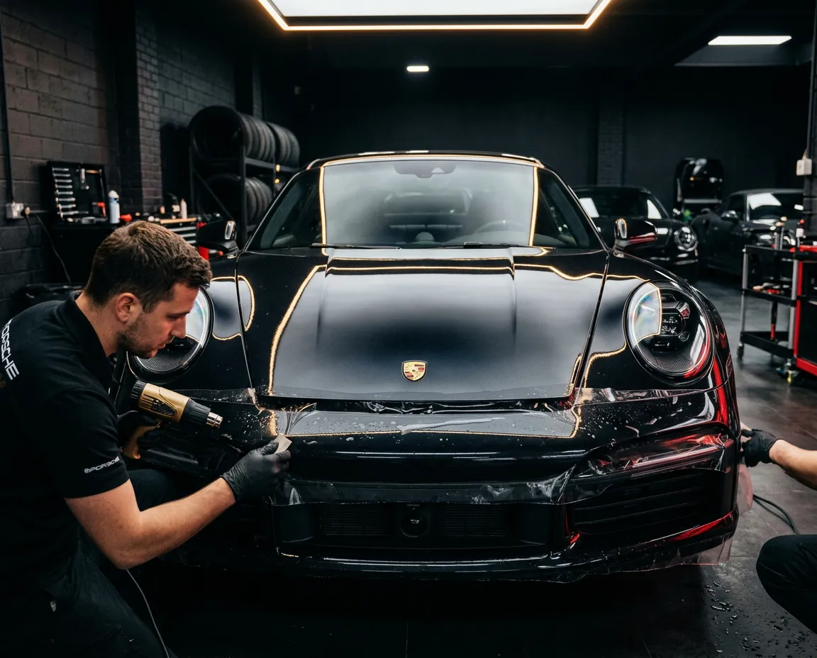 Invisible Paint Protection Film installation on luxury vehicle front bumper and hood