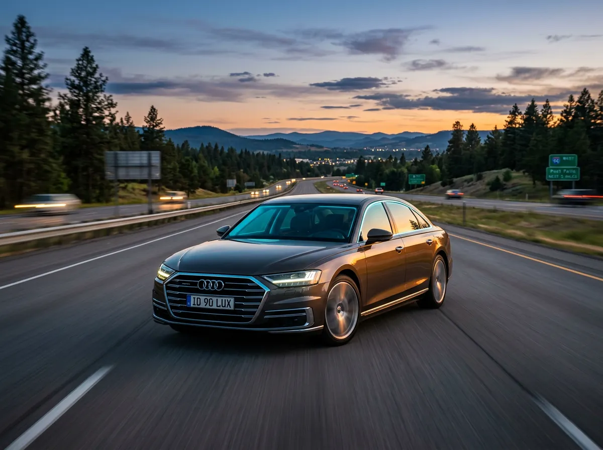 Luxury vehicle driving smoothly along the scenic I-90 corridor toward Post Falls shop