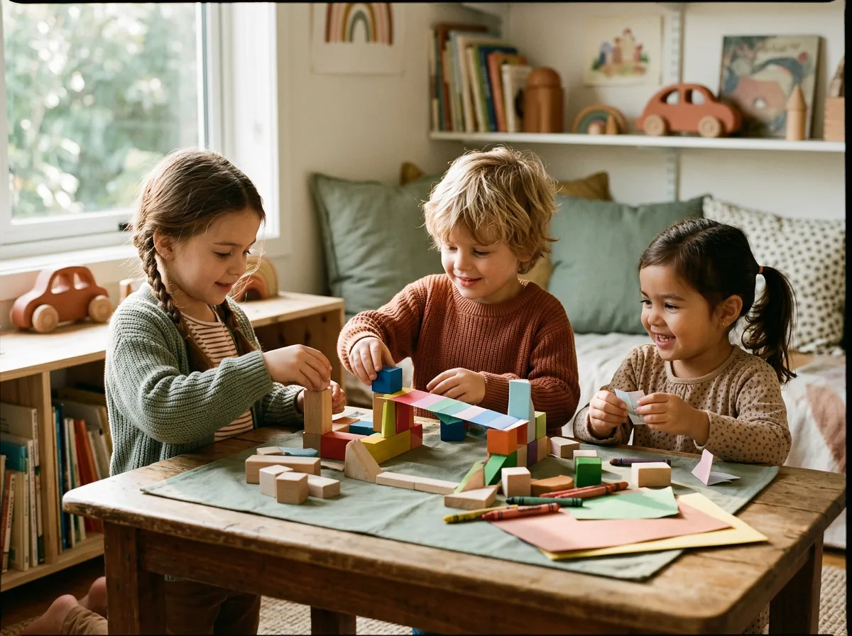 Young children collaborating on creative building projects with joyful curiosity