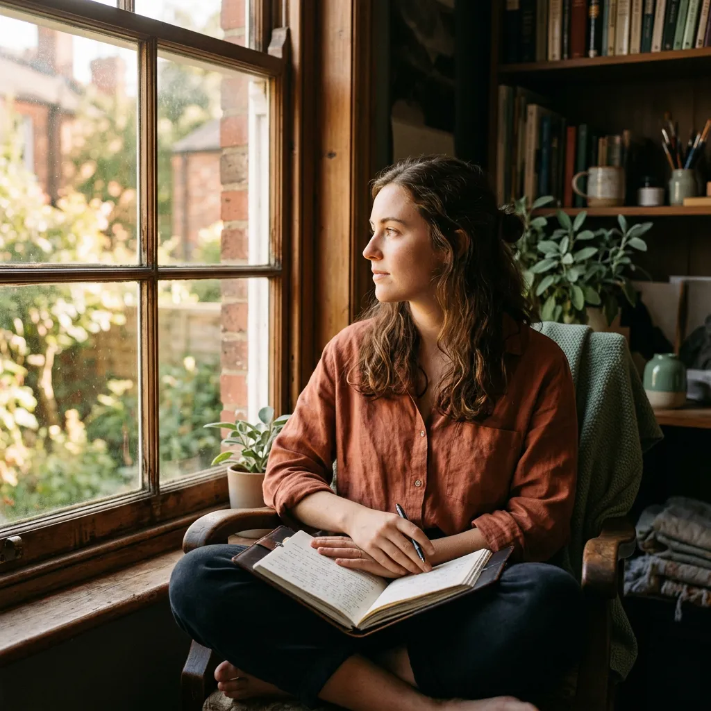A contemplative creator gazing toward an open window in soft warm light, reflecting on their vision