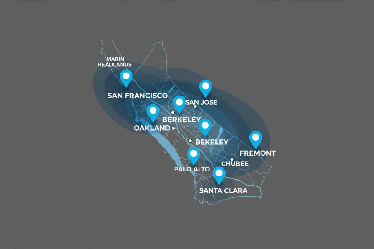 Mapa dos locais atendidos pela Bay Area Simple Cleaning