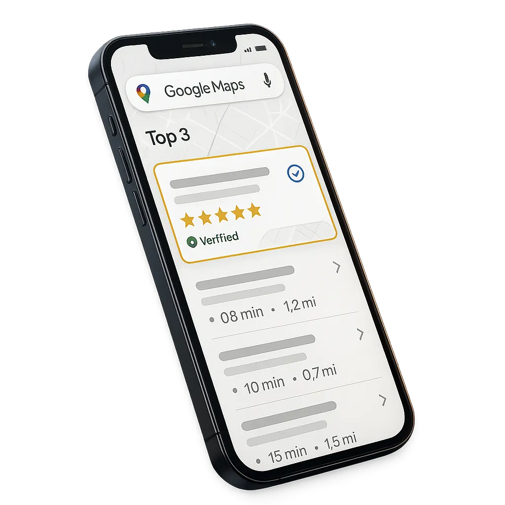 Smartphone showing local business ranking number one on Google Maps