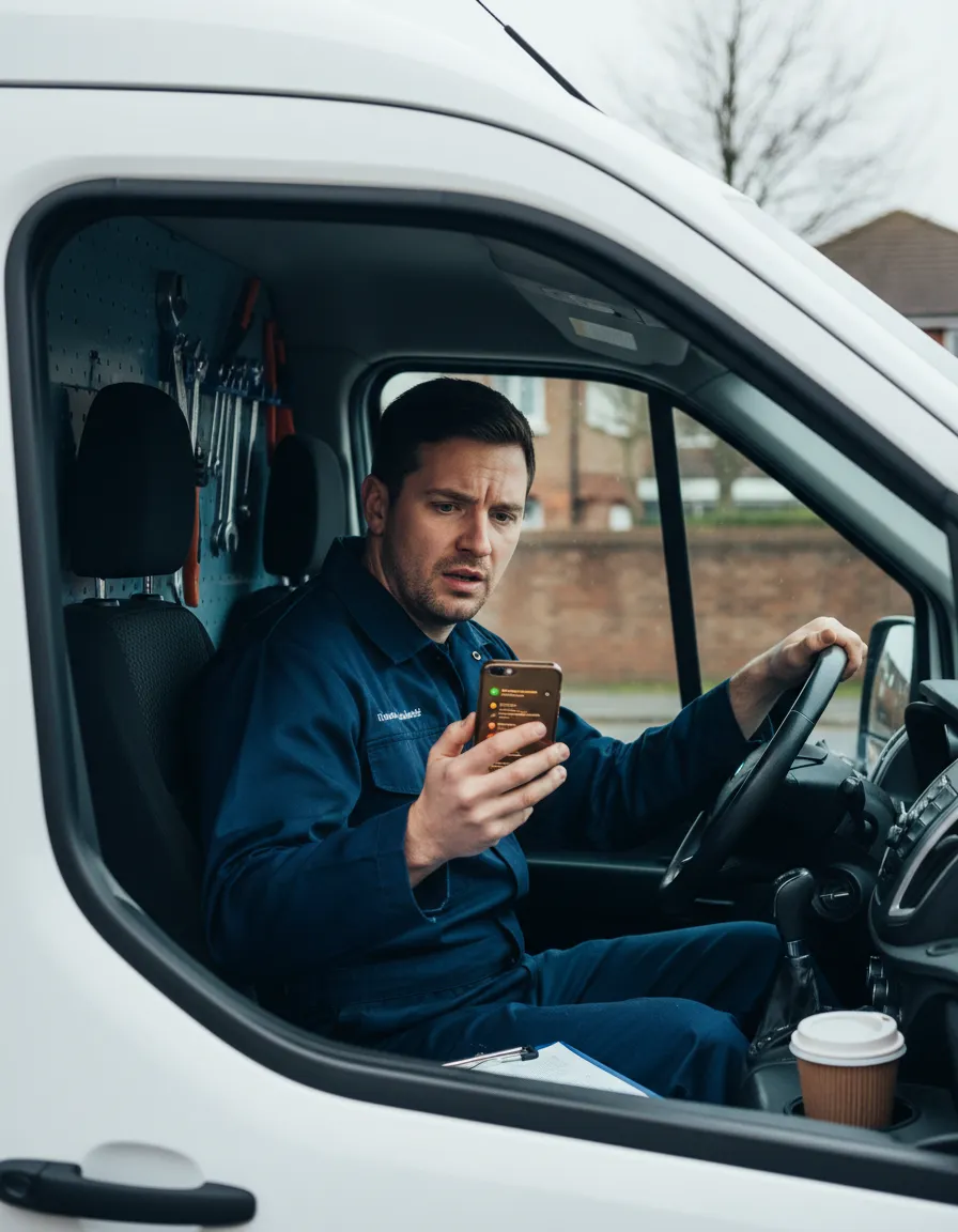 Frustrated UK tradesperson in their van looking at their phone, representing lost local customers