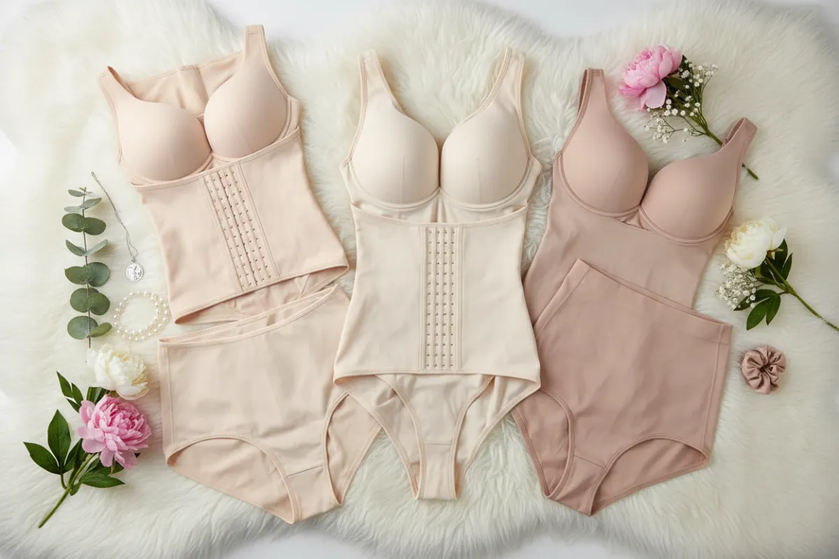 Flat lay of various shapewear products including waist trainers, bodysuits, and shorts in neutral and blush tones, arranged on a soft white surface with delicate flowers and accessories for a stylish, feminine look.