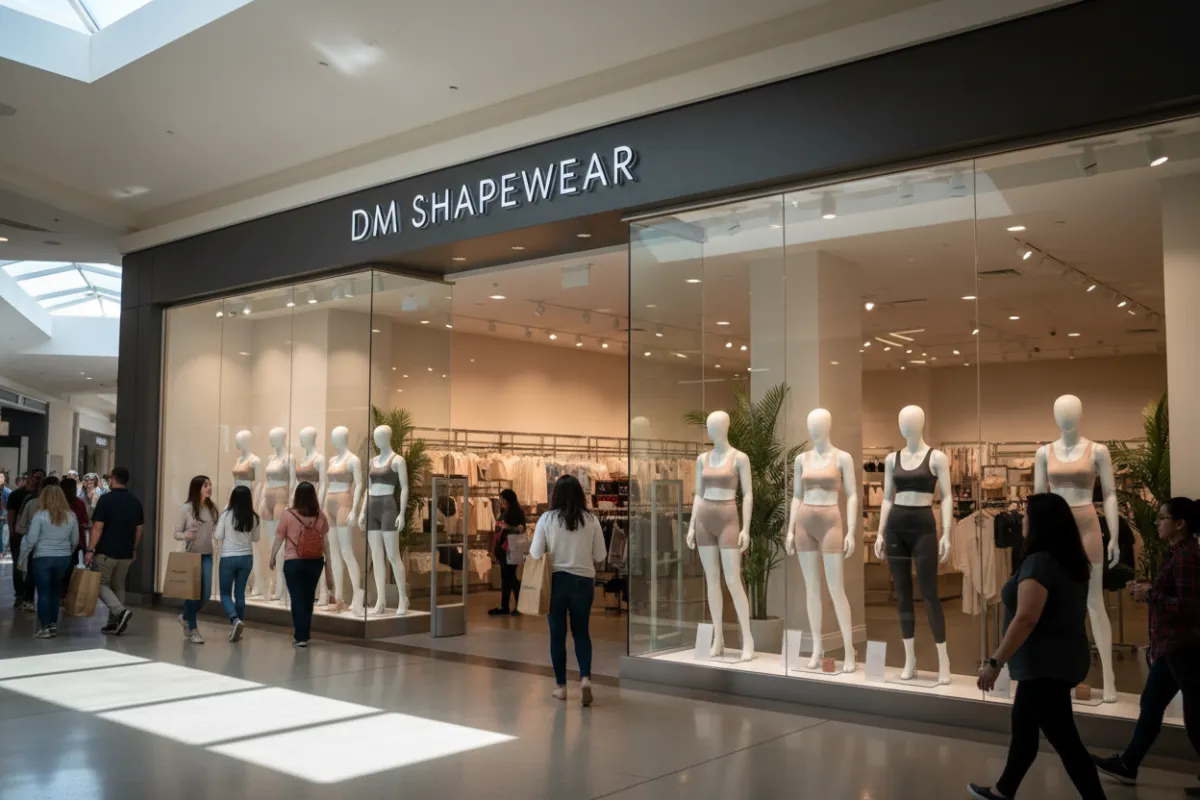 Modern retail storefront of DM Shapewear at Shops at Palm Desert Mall, with clear signage, glass windows, and mannequins displaying shapewear. The setting is bright, inviting, and bustling with diverse shoppers passing by.
