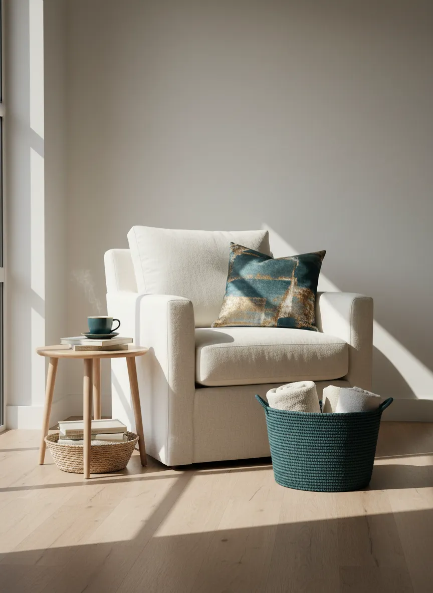 A serene, organized living space representing a desired state of calm