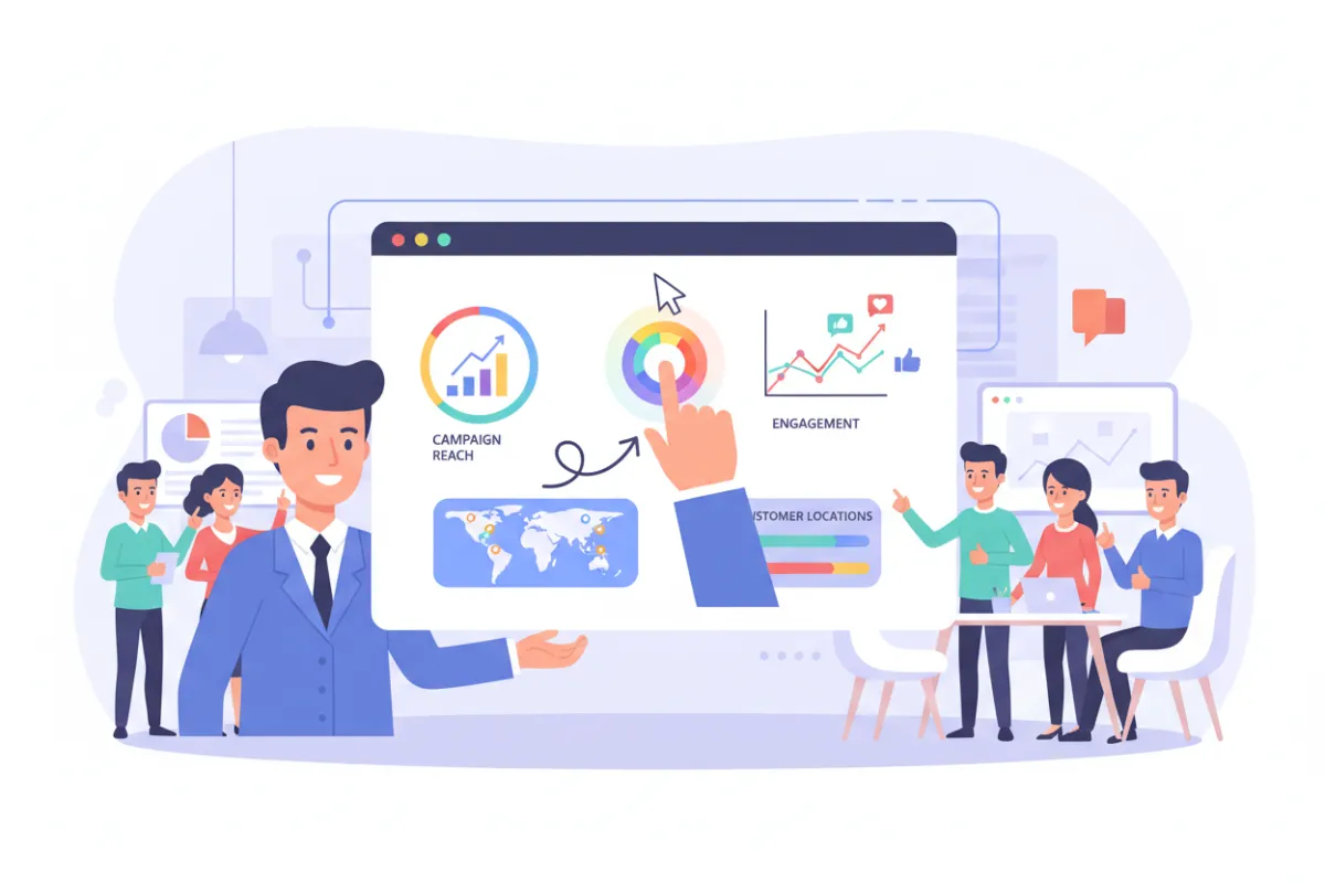 A colorful dashboard illustration showing a business owner launching a marketing campaign with a single click. The screen displays campaign stats and customer engagement, with a lively office background and diverse team members collaborating, symbolizing simplicity and teamwork.