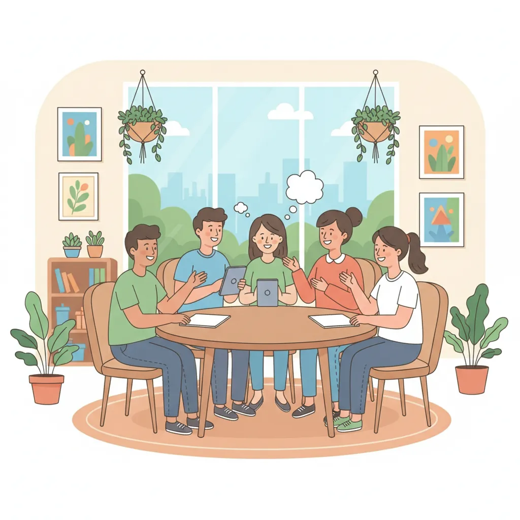 A friendly cartoon illustration of a small business team gathered around a table, discussing ideas and smiling. The setting is a bright, welcoming office with plants and colorful decor, representing collaboration and a positive, approachable atmosphere for new clients.