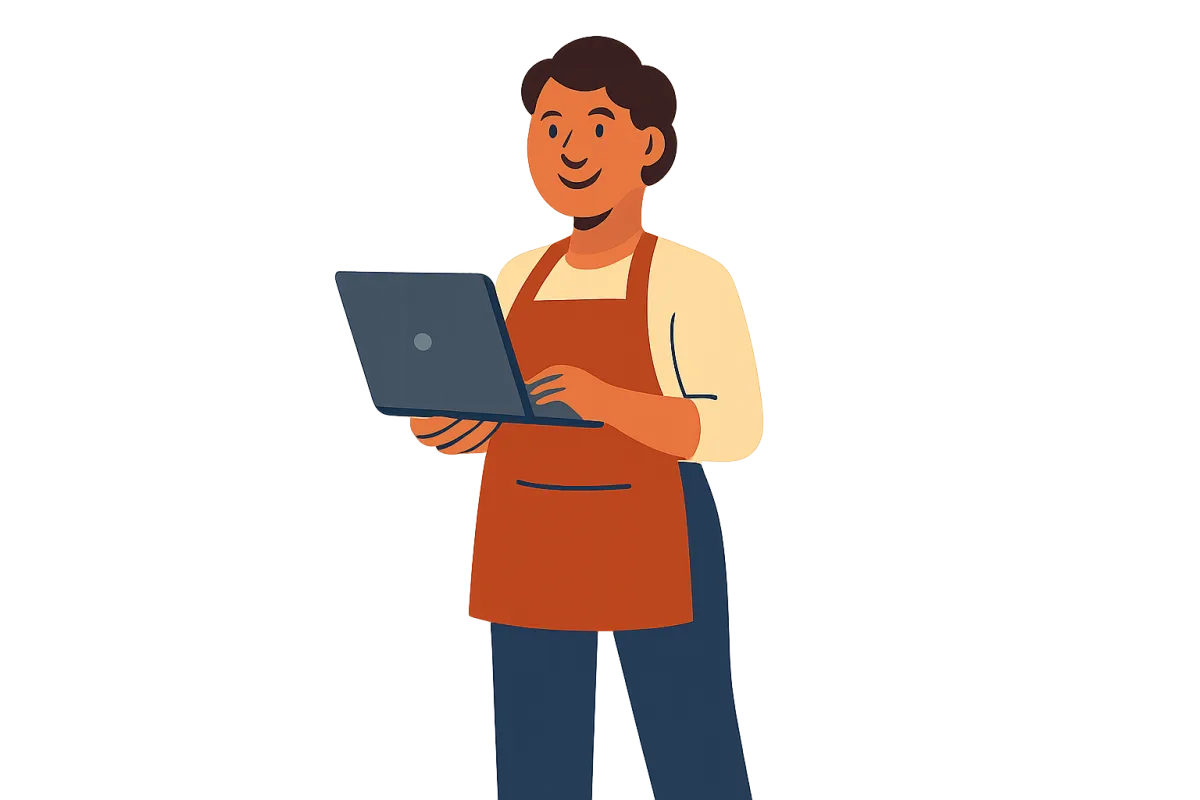Confident small business owner holding a laptop, flat illustration