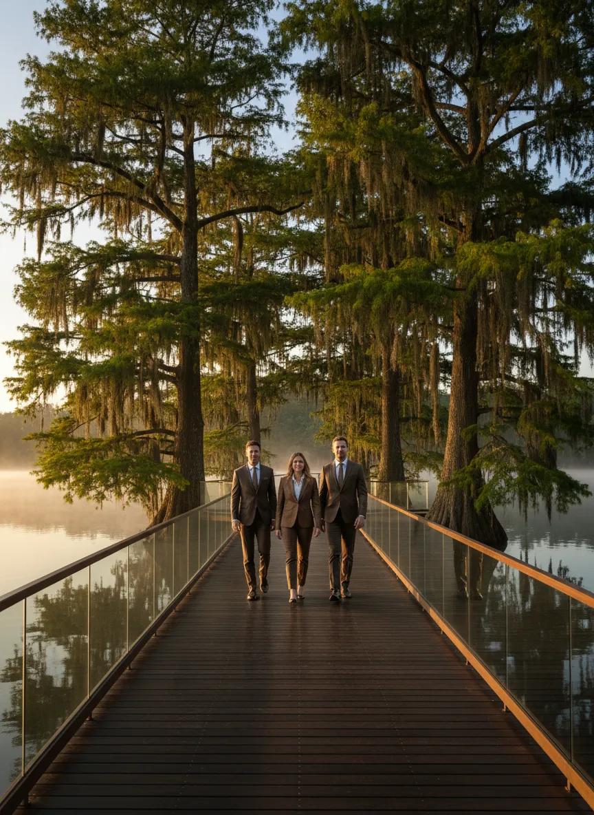Executive team walking near Reelfoot Lake in morning light