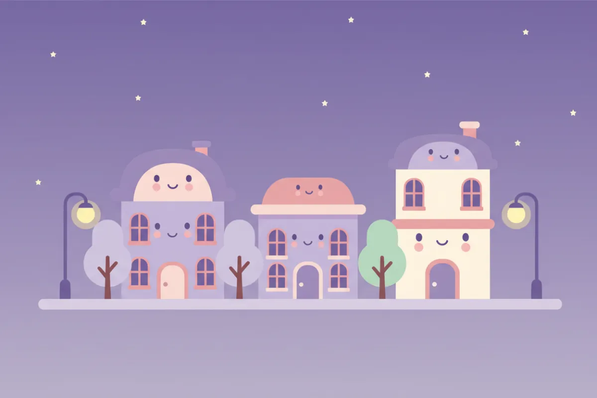 Cute city street clipart with buildings and stars