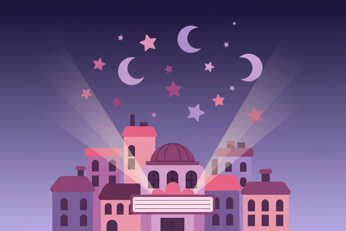 Cute town skyline clipart with stage lights