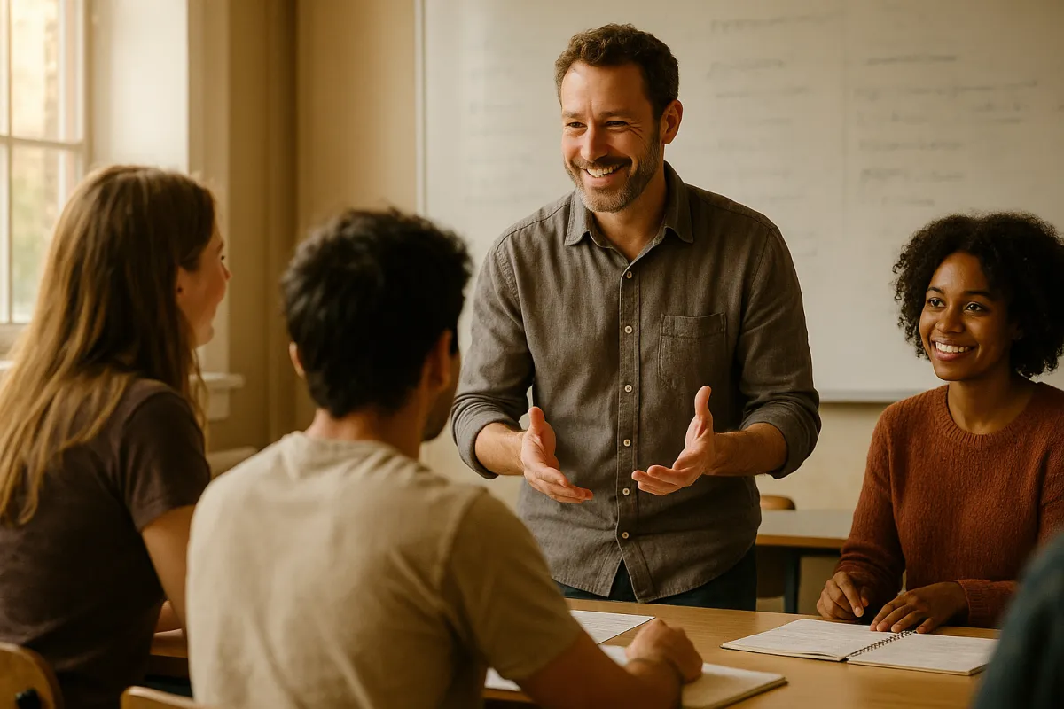 Nicholas Cornish teaching in a small in-person class, engaged with students with whiteboard notes visible.