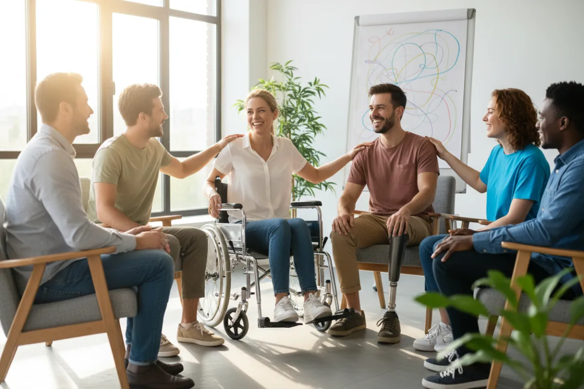 A diverse group of adults, including a woman in a wheelchair and a man with a prosthetic leg, sit together in a bright, modern room, smiling and supporting each other during a recovery workshop. The atmosphere is hopeful and inclusive, with natural light streaming in.