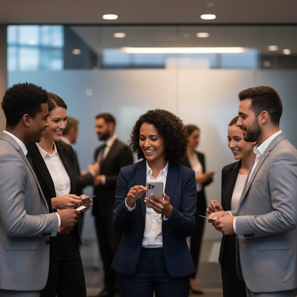 A diverse group of professionals in business attire exchanging contact information at a networking event, with one person using their iPhone to add a new contact, set against a softly lit conference backdrop.