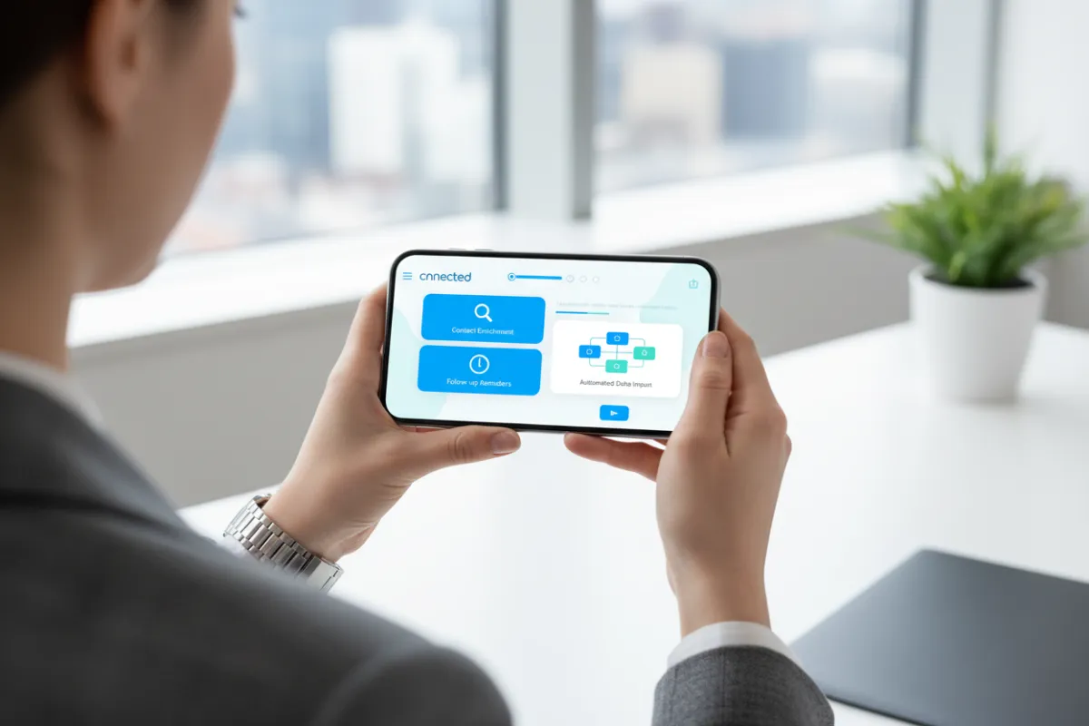 A modern iPhone displaying the cnnected app interface, showing a guided contact entry workflow with vibrant blue accents, held by a professional in a bright, minimal office setting. The screen highlights contact enrichment features and reminders.