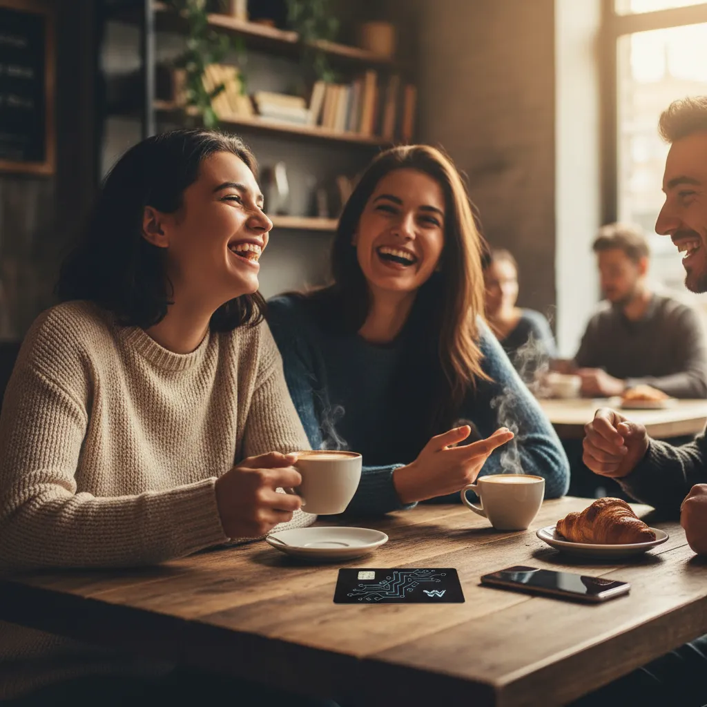 Friends laughing over coffee at a cafe table with a Switch card