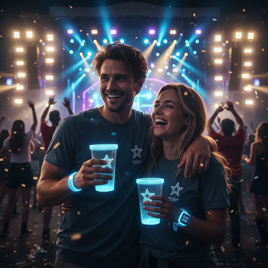 Couple enjoying a live event, concert lighting in the background