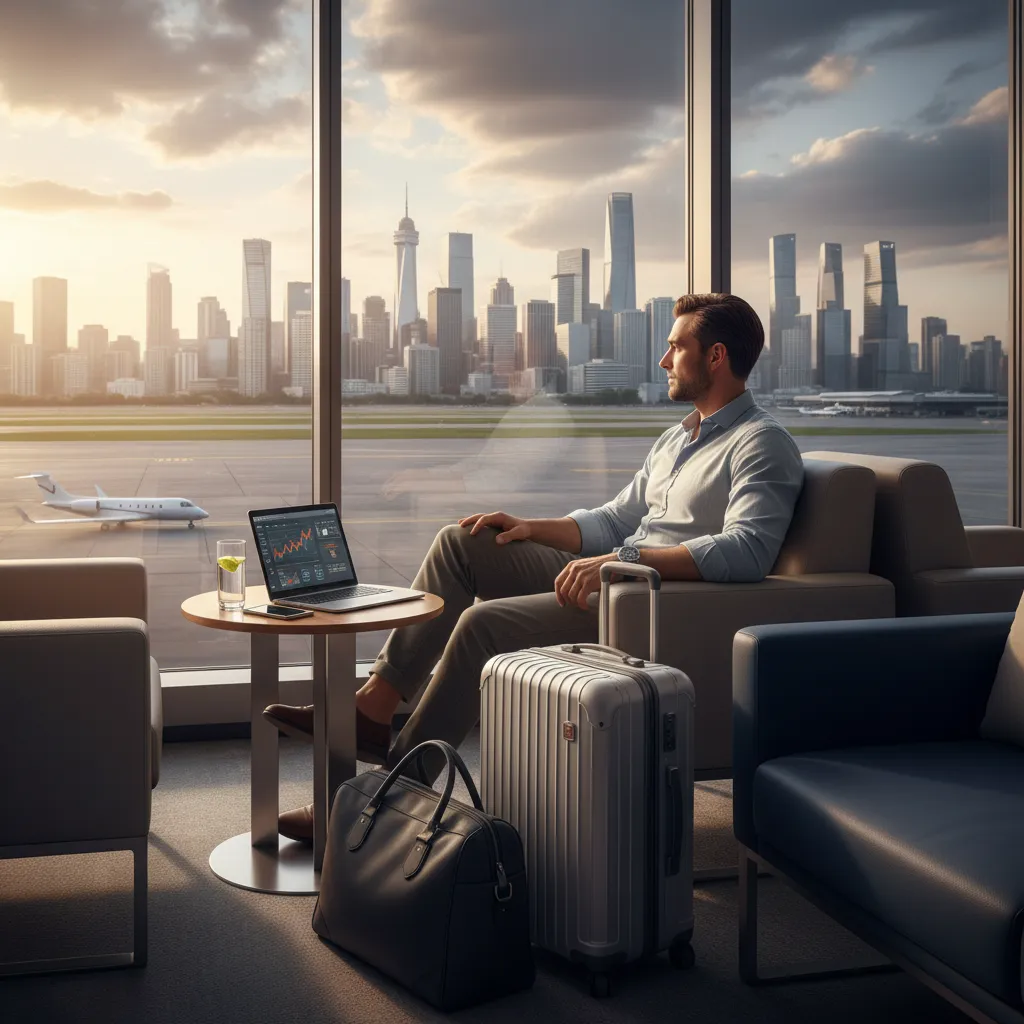 Traveler with luggage at an airport lounge, city skyline visible