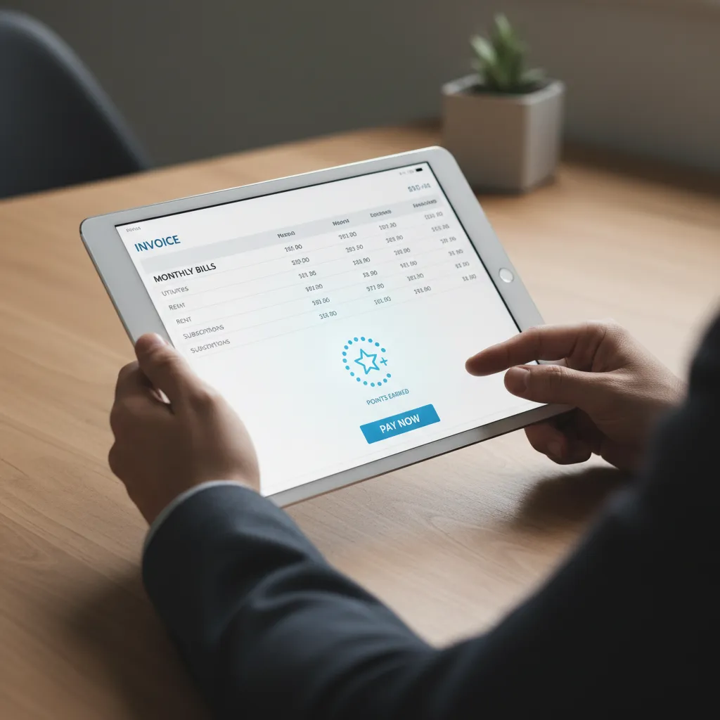 Hands using a tablet to pay monthly bills with an invoice visible