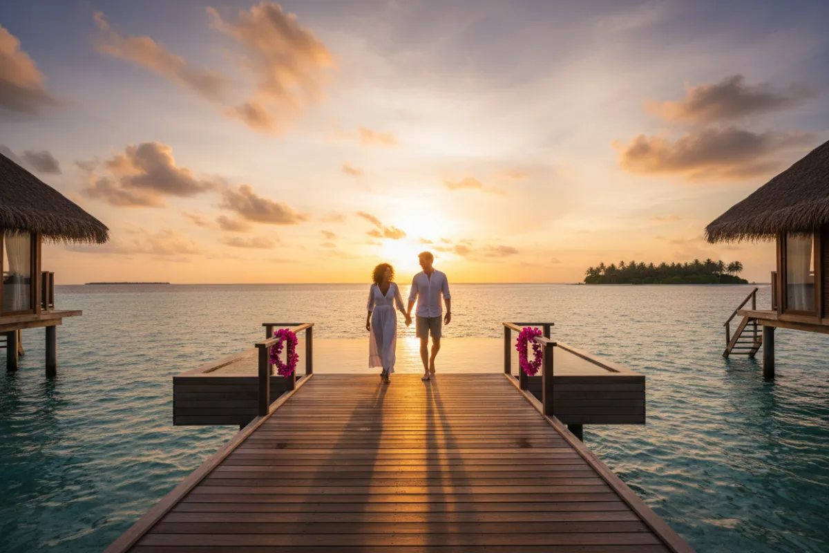 Golden-hour overwater bungalow in the Maldives