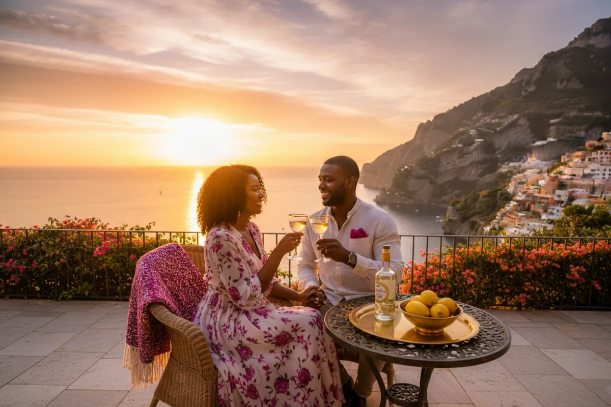 Warm golden-hour destination photo of the Amalfi Coast