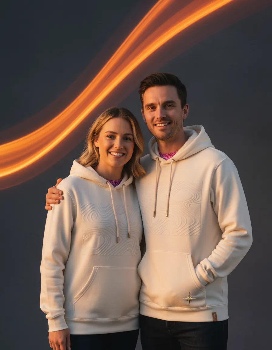 Couple wearing matching getaway hoodies