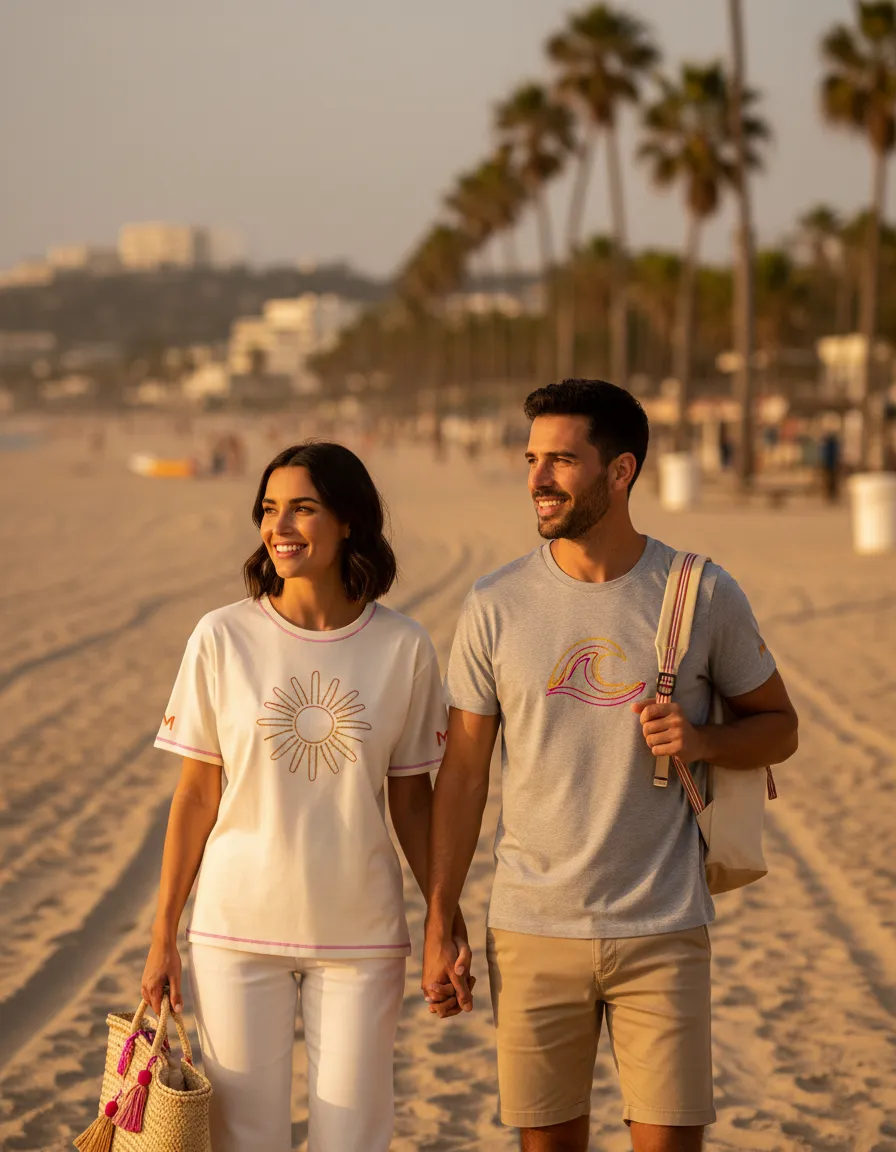 Couple wearing matching weekend tees