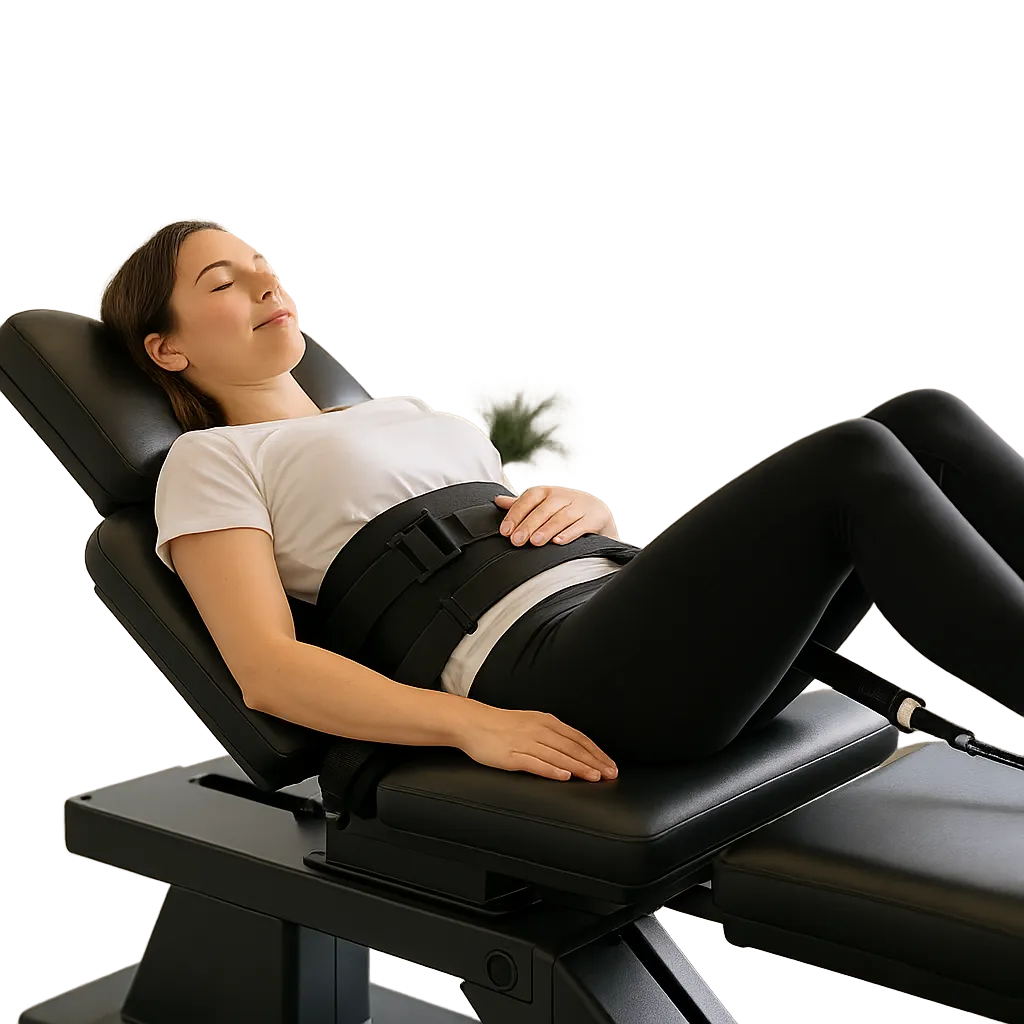 Clinical Spinal Disc Decompression therapy table in a bright, modern Muncie clinic