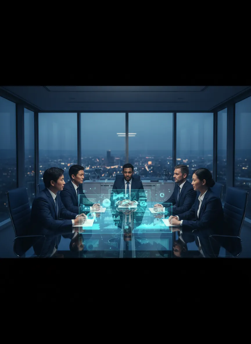 Executives collaborating in a modern corporate boardroom with abstract data overlays