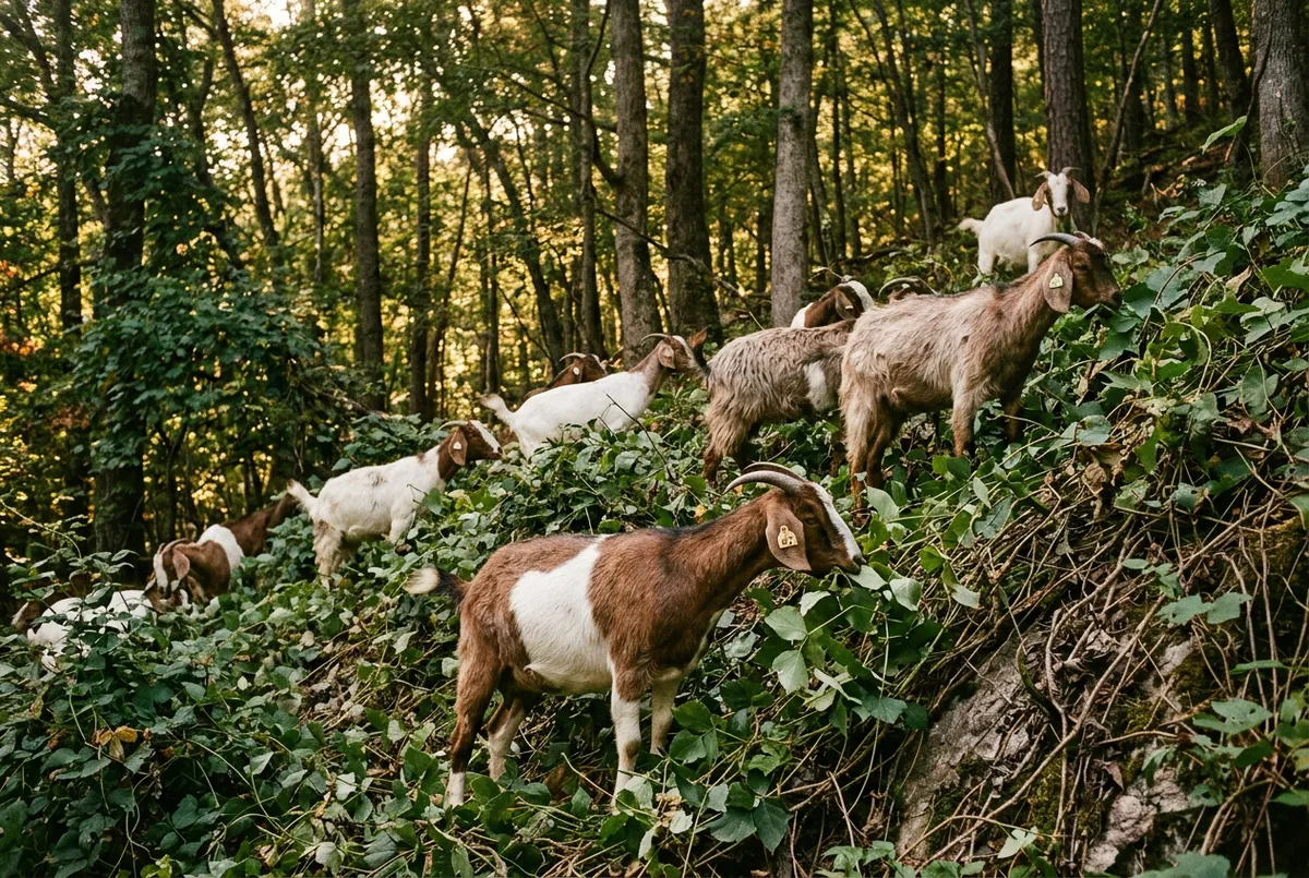 Targeted herd of goats grazing overgrown poison ivy and kudzu on steep terrain along property boundary