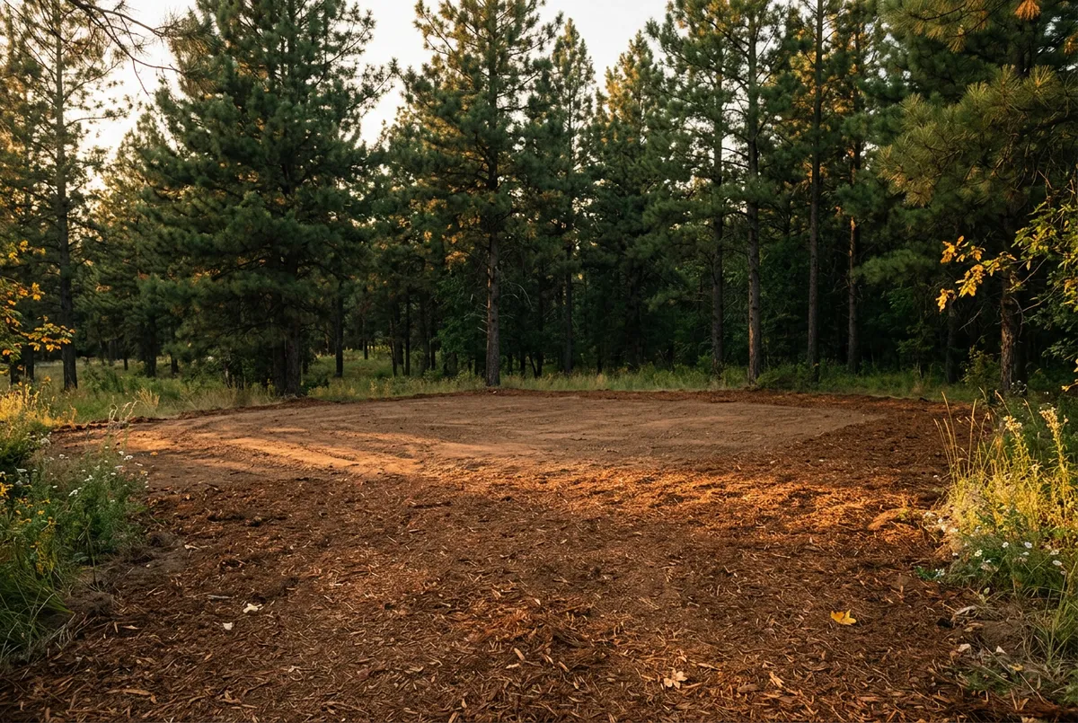 Cleanly prepared home site and property perimeter cleared for construction without soil rutting