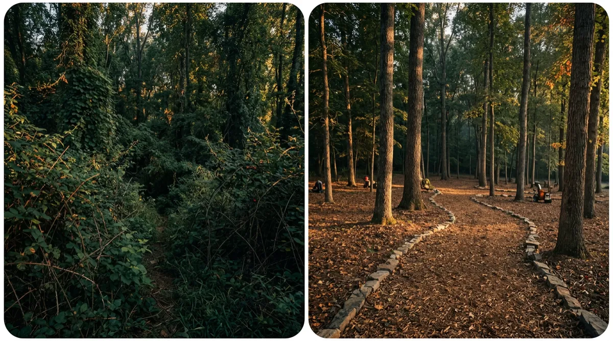 Split screen transformation showing tangled Carolina briars and brush on the left compared to clean, nutrient-rich mulched ground on the right