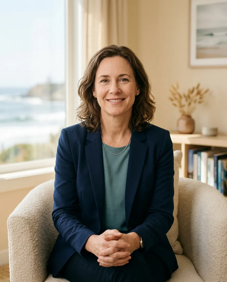 Julie Meadows, Clinical Hypnotherapist, seated in a calm, naturally lit coastal practice space