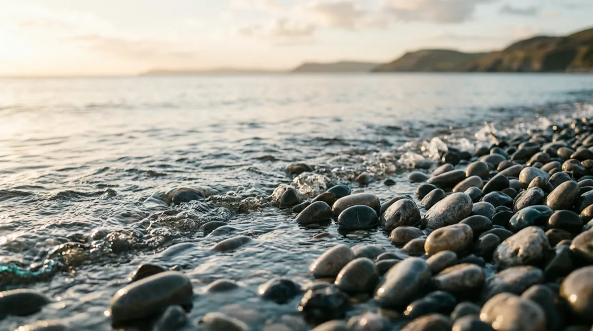 Gentle coastal pebbles washed by calm clear sea water along the shoreline