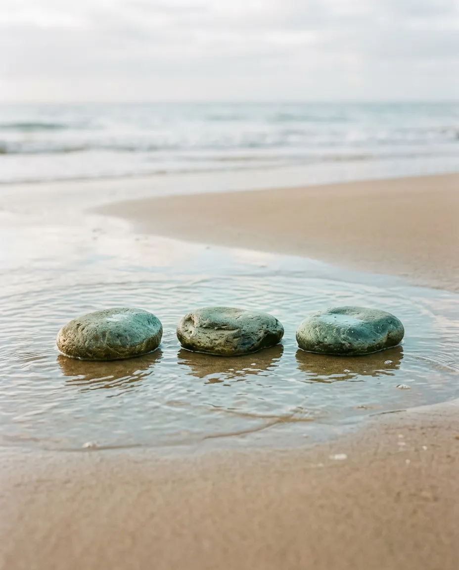 Calm coastal stepping stones resting gently in soft shoreline tidal pools