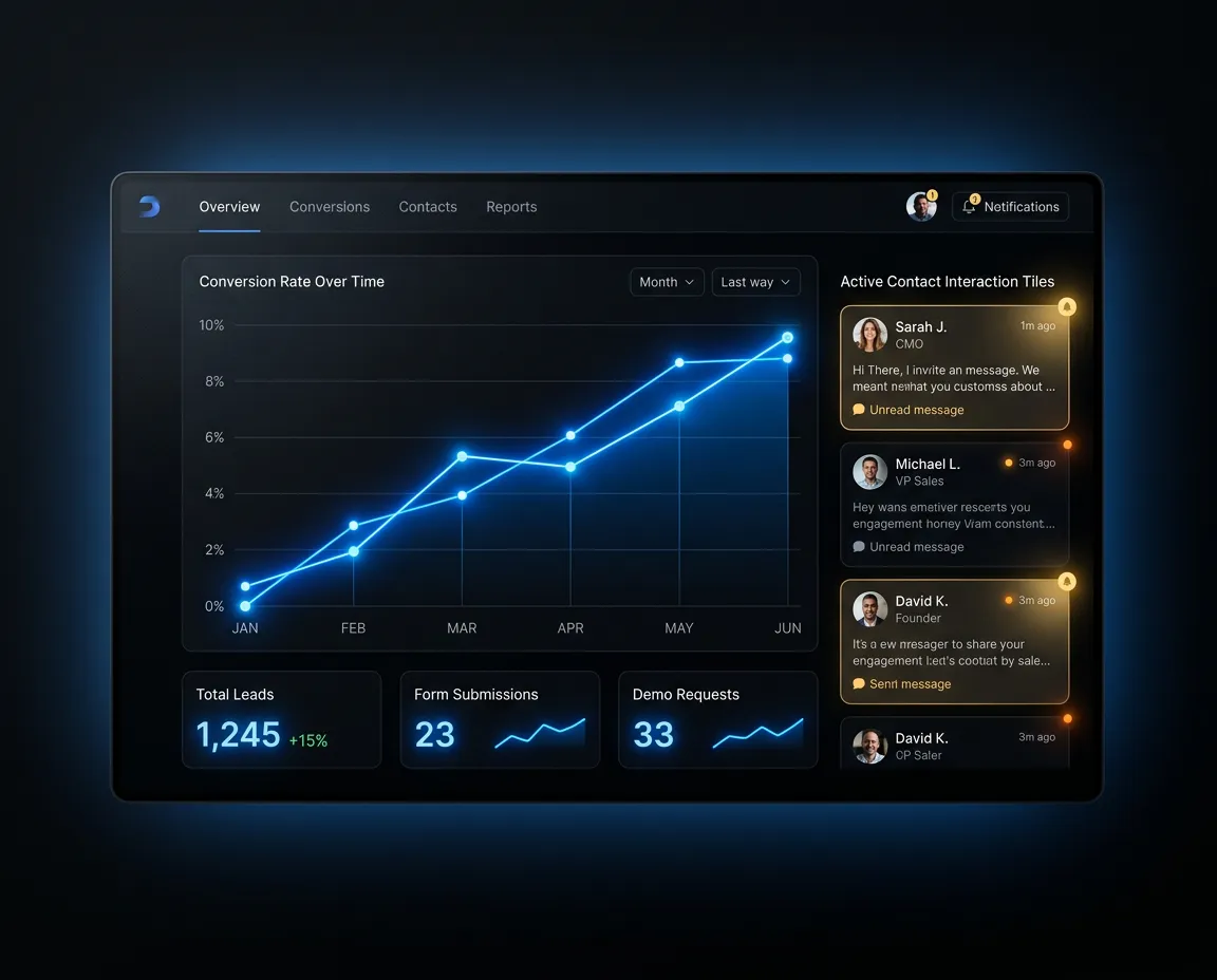Dark analytics dashboard card with glowing blue lead conversion chart and contact interaction log