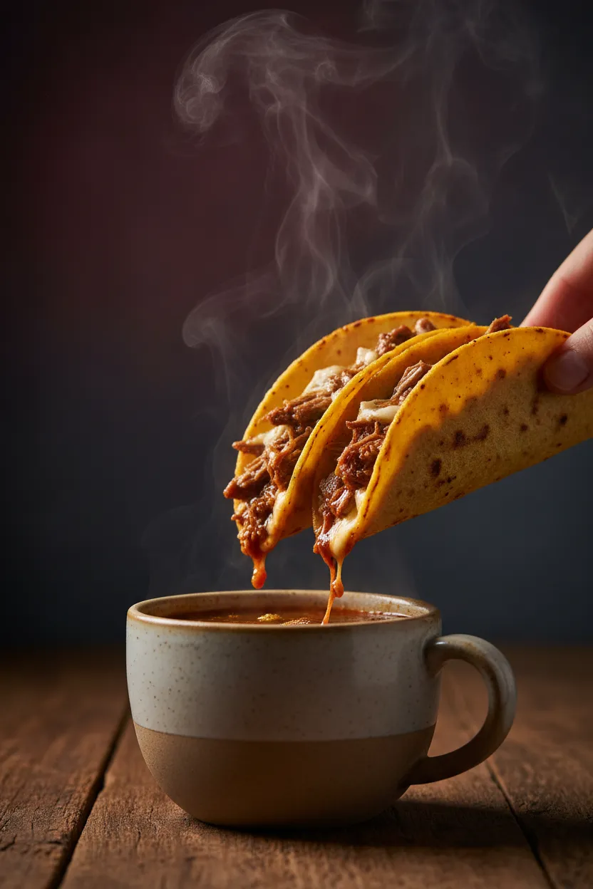 Artisanal Quesabirria Tacos dipping into consommé