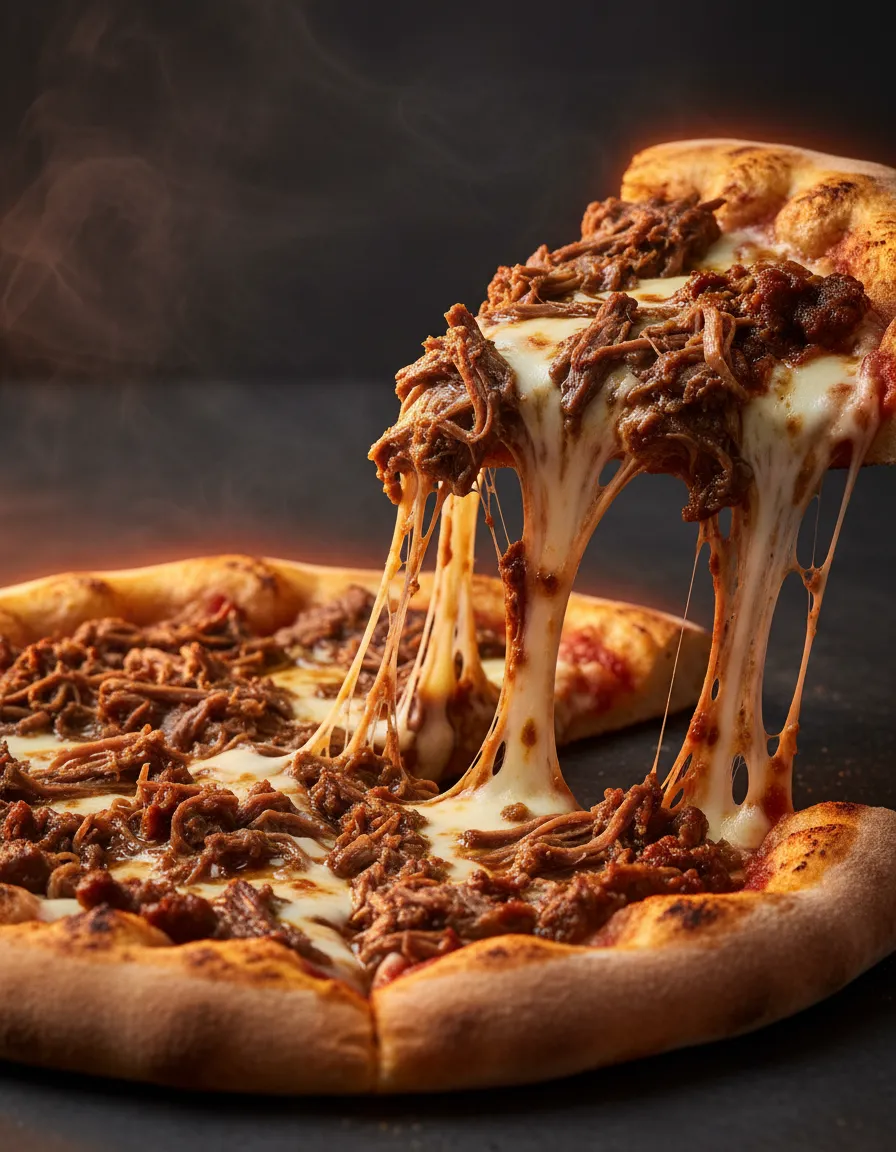 Close up macro shot of slow braised birria beef and melted mozzarella fused together on a crispy charred New York style pizza crust