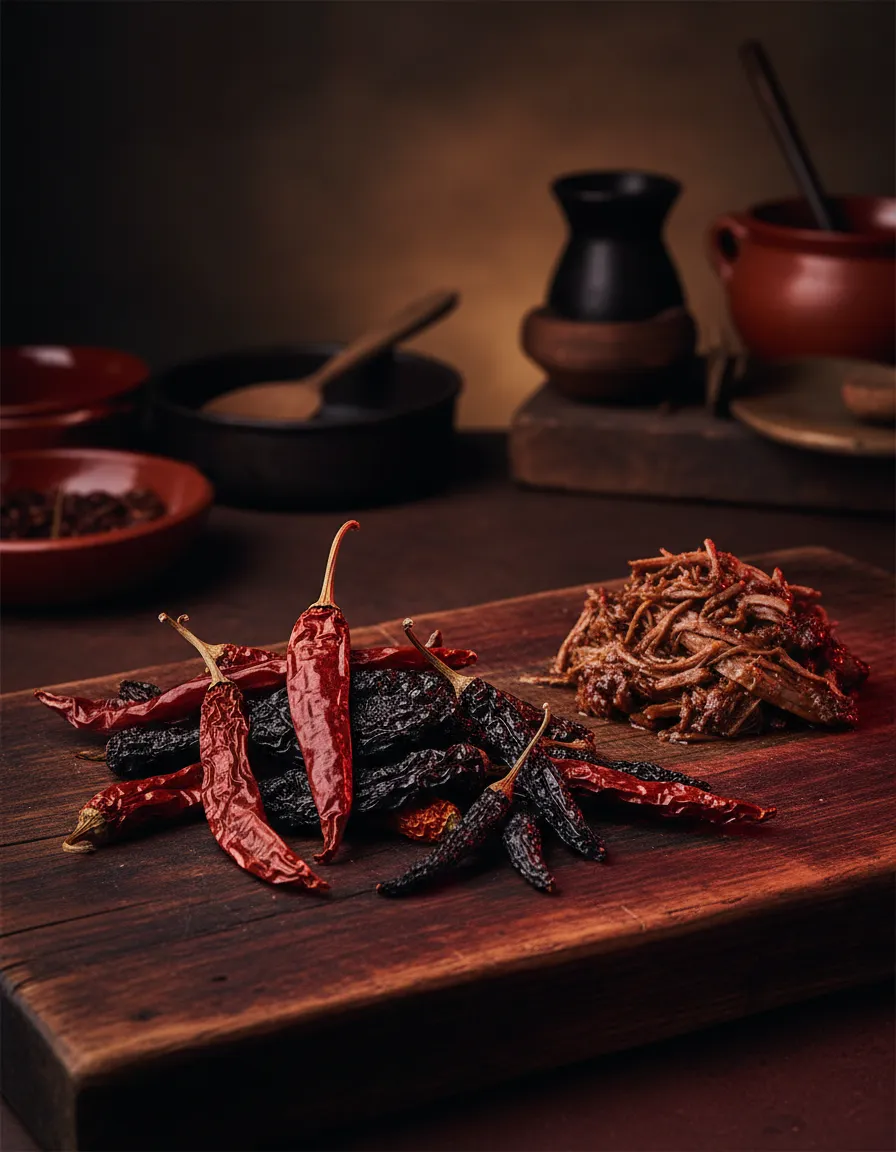 Dried chiles and slow-cooked beef process