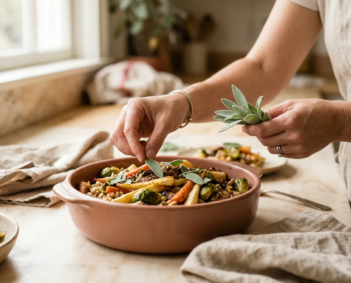 A serene home kitchen setting with natural morning light illuminating hands gracefully plating fresh seasonal ingredients on ceramic tableware