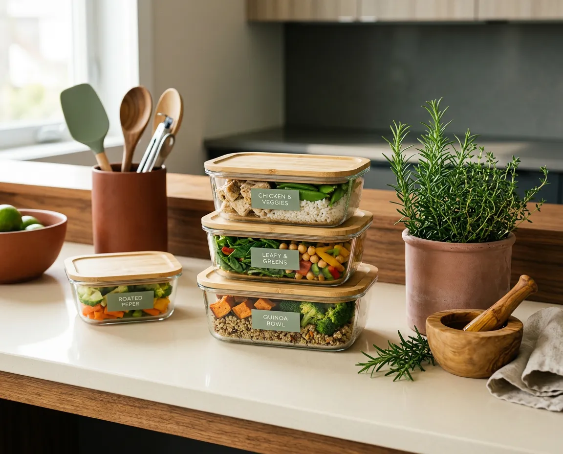 An organized residential kitchen island with glass containers, fresh organic herbs, and a thoughtfully curated weekly meal plan in natural sunlight